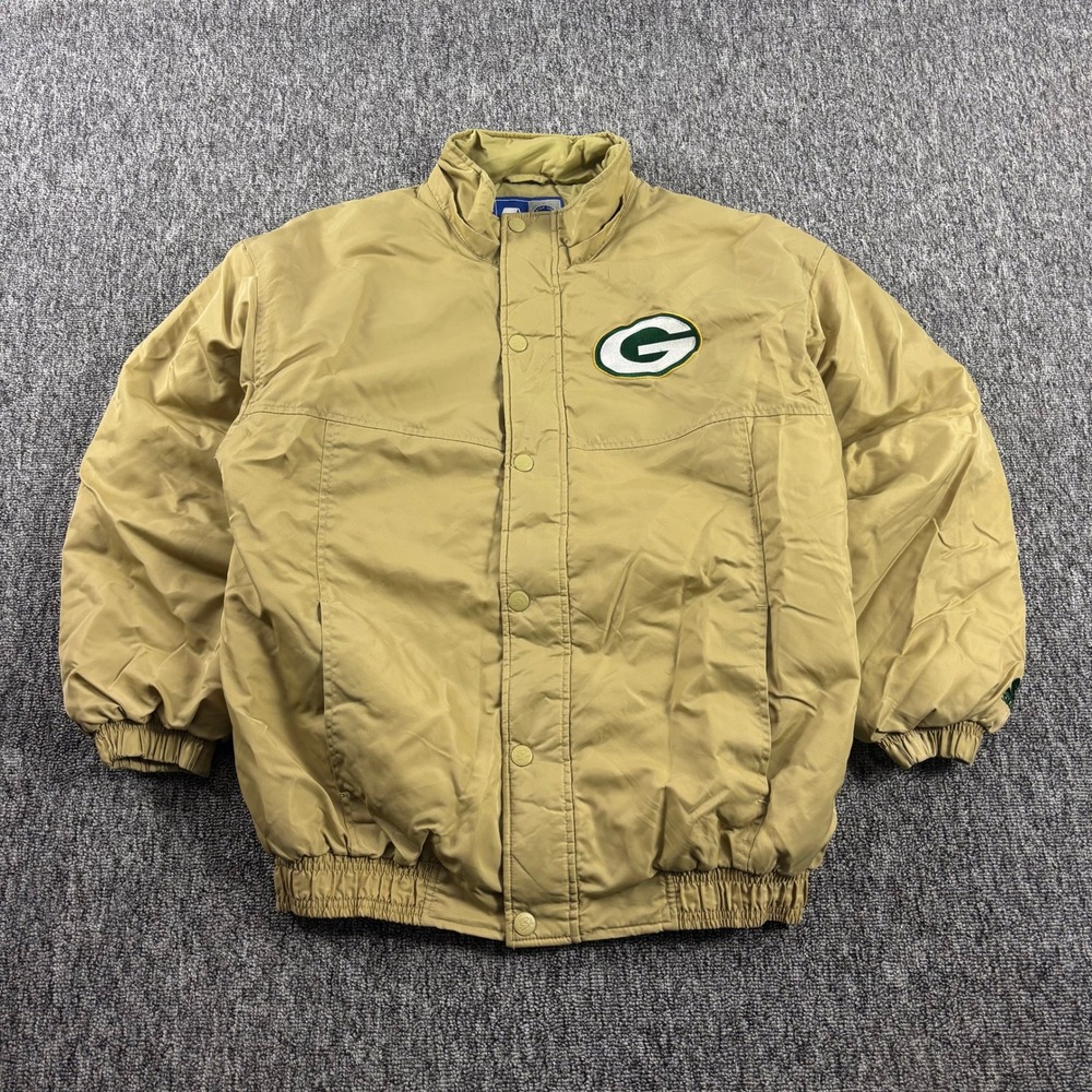 Vintage 90s Green Bay Packers Starter NFL Puffer Jacket Embroidered Tan Large